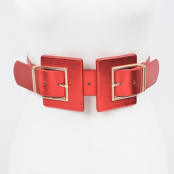 BNWT Metallic Double Buckle Elastic Fashion Belt Square Buckle Stretch Belt - Picture 5 of 6
